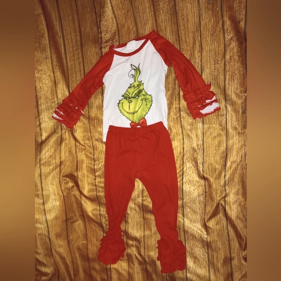 Bundle 🎄Grinch 🎁 12m girls shirt and pants set and a Santa 18m onesie - Picture 2 of 12
